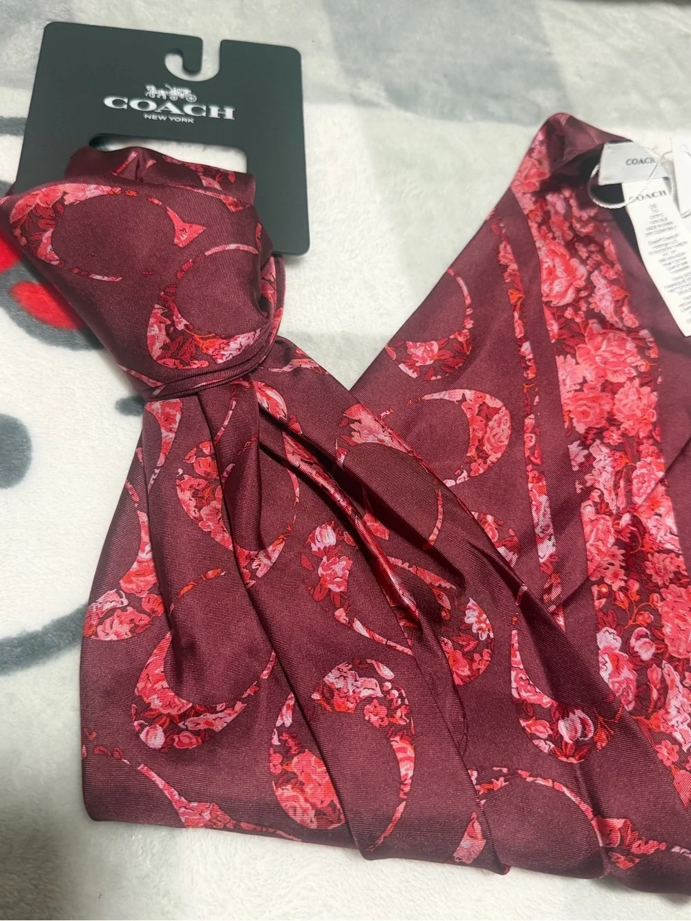 COACH Burgundy and Pink Floral Silk Scarf